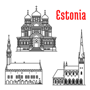 Estonia historic architecture landmarks, sightseeings, famous showplaces. Alexander Nevsky Cathedral, Tallinn Town Hall, St Olaf church. Vector thin line icons of for souvenir decoration elements