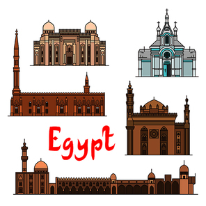 Egypt historic landmarks and sightseeings, famous showplaces. Vector detailed icons of Saint Virgin Mary Church, Abu al-Abbas al-Mursi, Al-Hussein, Al-Azhar Mosque, Mosque-Madrassa of Sultan Hassan for souvenir decoration elements