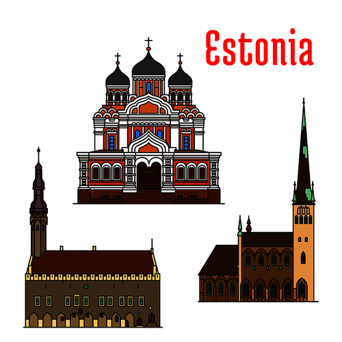 Estonia famous historic architecture. Vector detailed icons of Alexander Nevsky Cathedral, Tallinn Town Hall, Saint Olaf church. Landmarks for souvenir decoration elements