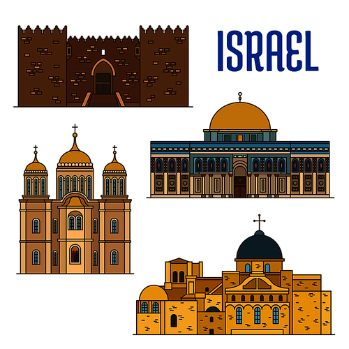 Israel vector detailed architecture icons of Damascus Gate, Al-Aqsa Mosque, Monastery Ein Karem, Church of the Holy Sepulchre. Israeli showplaces symbols for , souvenirs, postcards, t-shirts