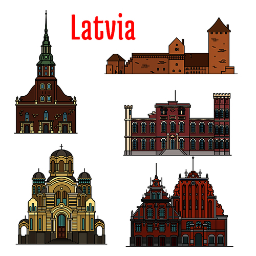 Latvia famous historic architecture. Vector detailed icons of St. Peter Church, Turaida Castle, Birini Palace, Nativity of Christ Cathedral, House of Blackheads for souvenir decoration elements