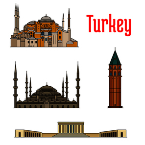 Turkey historic architecture buildings. Vector detailed icons of Hagia Sophia, Galata Tower, Sultan Ahmed Mosque, Anitkabir for souvenir decoration elements