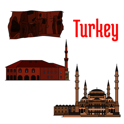Turkey historic architecture and sightseeings. Vector detailed icons of Kocatepe Mosque, Haci Bayram Camii, Kaymakli Underground City. Turkish architecture symbols for souvenirs, postcards