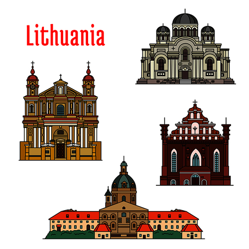 Lithuania famous architecture. Vector detailed icons of Kaunas Cathedral Basilica, Church of St. Michael Archangel, St. Francis and St. Bernard, St. Peter and St. Paul. Historic landmarks, sightseeings for souvenir decoration elements