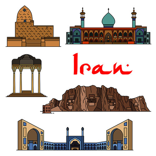 Iran architecture and sightseeings vector detailed icons of Tomb of Mordecai and Esther, Shirazi Mausoleum, Shah Cheragh Mausoleum, Jama Masjid, Naqsh-e Rustam and Cube of Zoroaster. Historic buildings for souvenirs, postcard