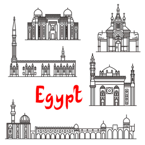 Historic landmarks, sightseeings, famous showplaces of Egypt. Vector thin line icons of Saint Virgin Mary Church, Abu al-Abbas al-Mursi, Al-Hussein, Al-Azhar Mosque, Mosque-Madrassa of Sultan Hassan for souvenir decoration elements