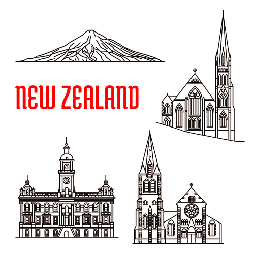 Travel landmarks of New Zealand linear icon with ChristChurch Cathedral, presbyterian Knox Church, Dunedin Town Hall, Mount Taranaki. Travel guide, vacation planning, world heritage design