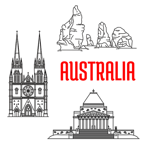 Travel landmarks of Australia icon with thin line gothic St Mary Cathedral, The Twelve Apostles of Port Campbell National Park and War Memorial. Travel and tourism themes design