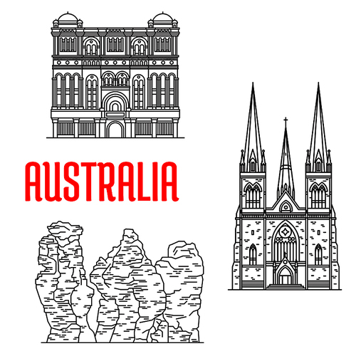 Australian travel landmarks of architecture and nature thin line icon with Cathedral of Saint Patrick in Victoria, rock formation Three Sisters in New South Wales, Queen Victoria Building in Sydney