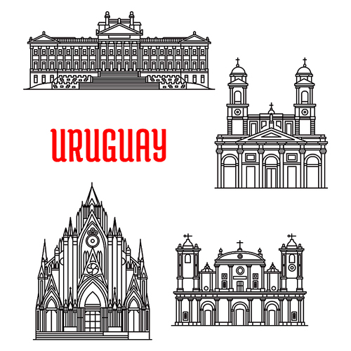 Uruguayan travel landmarks icon with historical and religious sights. Linear Montevideo Metropolitan Cathedral, Carmelite Church, Legislative Palace, Cathedral of Saint Ferdinand