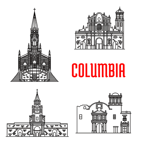 Icons of Columbian famous buildings. Cathedral of Our Lady Carmen, Popayan Santo Domingo Cathedral, Cartagena Town Hall, Ermita Church. Historic architecture vector elements for souvenirs, postcard