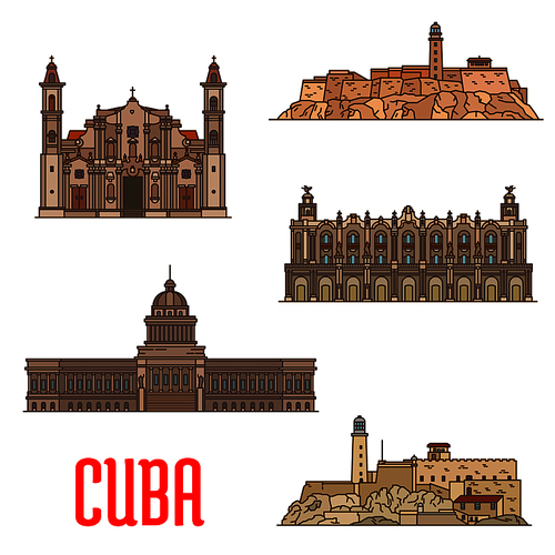 Great Theatre of Havana, Real Fuerza Fortress, San Carlos de la Cabana, National Capitol, St Christopher Havana Cathedral. Vector detailed icons of landmarks and sightseeings of Cuba for souvenirs, travel guide design elements