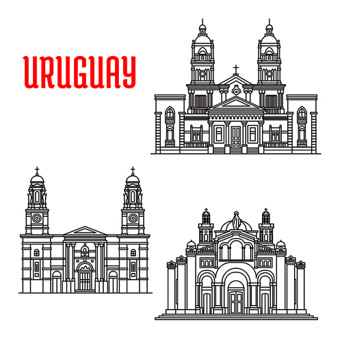 Famous buildings of Uruguay. National Shrine of the Sacred Heart of Jesus, Church of Our Lady of the Mount Carmel, Cathedral of Mercedes. Vector thin line icons of architecture landmarks for souvenirs, travel guide elements