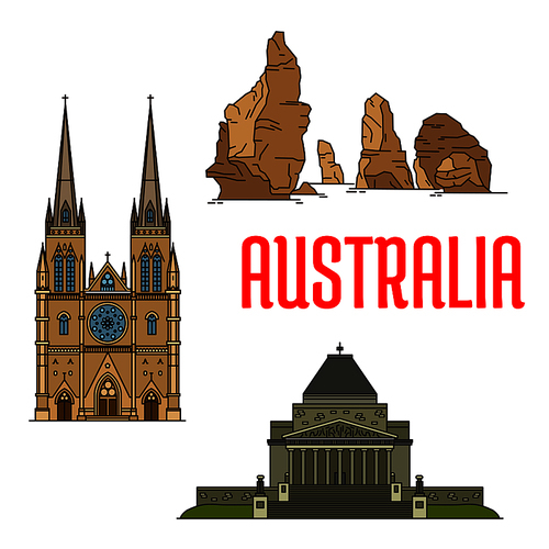 Australian buildings and landmarks icons. Vector St Mary Cathedral, Twelve Apostles rocks, Shrine of Remembrance. Detailed icons of sightseeings of Australia for souvenirs, travel guide design elements