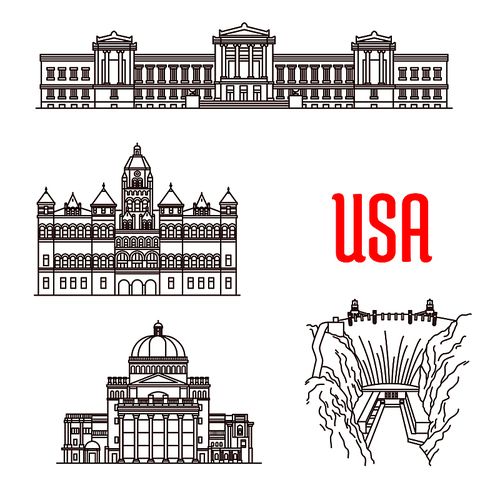 American landmarks and sightseeings icons. Boston Museum of Fine Arts, Old Red Museum of Dallas, The First Church of Christ, Hoover Dam. Vector thin line symbols of famous buildings for souvenirs, travel map guide