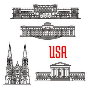 United States Supreme Court, Library of Congress, Brooklyn Museum, St Patrick Cathedral. Famous architecture landmarks of USA. Vector icons of buildings for souvenirs, travel map guide elements