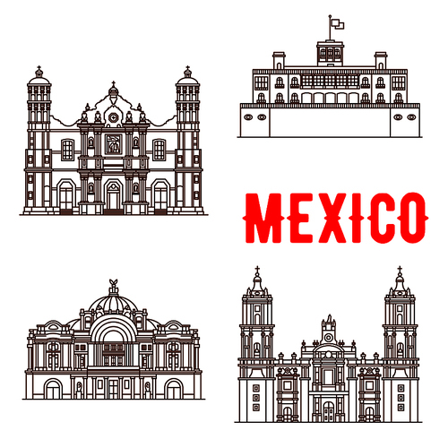Mexican architecture vector icons. Our Lady of Guadalupe Basilica, Chapultepec Castle, Mexico Palace of Fine Arts, Metropolitan Cathedral. Vector thin line symbols of famous buildings for souvenirs, travel map guide