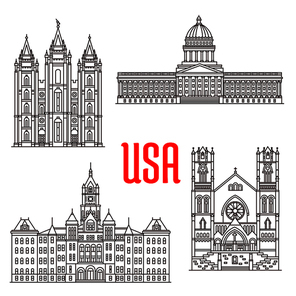 Famous buildings symbols and icons of US. Salt Lake Temple, Utah State Capitol, Salt Lake City and County Building, Cathedral of the Madeleine. American architecture landmarks for souvenirs, travel map elements