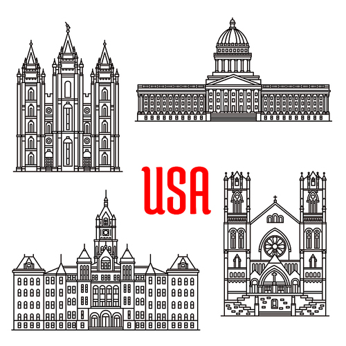 Famous buildings symbols and icons of US. Salt Lake Temple, Utah State Capitol, Salt Lake City and County Building, Cathedral of the Madeleine. American architecture landmarks for souvenirs, travel map elements
