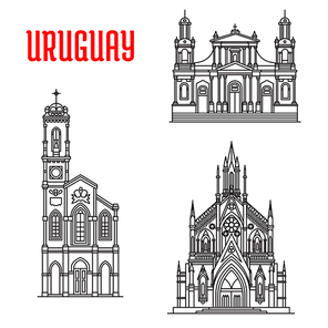 Church of Our Lady of Sorrows, Cathedral Basilica of Saint John the Baptist, Sagrada Familia Capilla Jackson. Historic famous architectural buildings of Uruguay. Vector thin line icons souvenirs, travel guide map elements