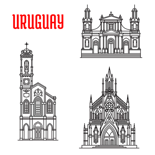 Church of Our Lady of Sorrows, Cathedral Basilica of Saint John the Baptist, Sagrada Familia Capilla Jackson. Historic famous architectural buildings of Uruguay. Vector thin line icons souvenirs, travel guide map elements