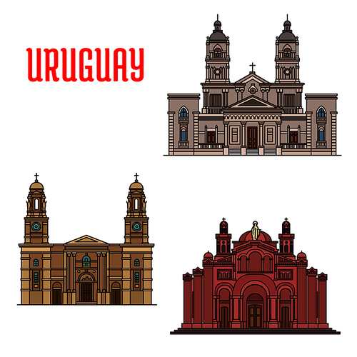 National Shrine of the Sacred Heart of Jesus, Church of Our Lady of the Mount Carmel, Cathedral of Mercedes. Famous architecture buildings of Uruguay. Vector detailed linear icons for souvenirs, travel guide
