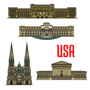 US tourist and travel attractions symbols. Detailed vector facades of United States Supreme Court, Library of Congress, Brooklyn Museum, St Patrick Cathedral