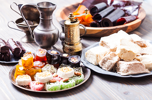 Turkish delight lokum with nuts on metal plate