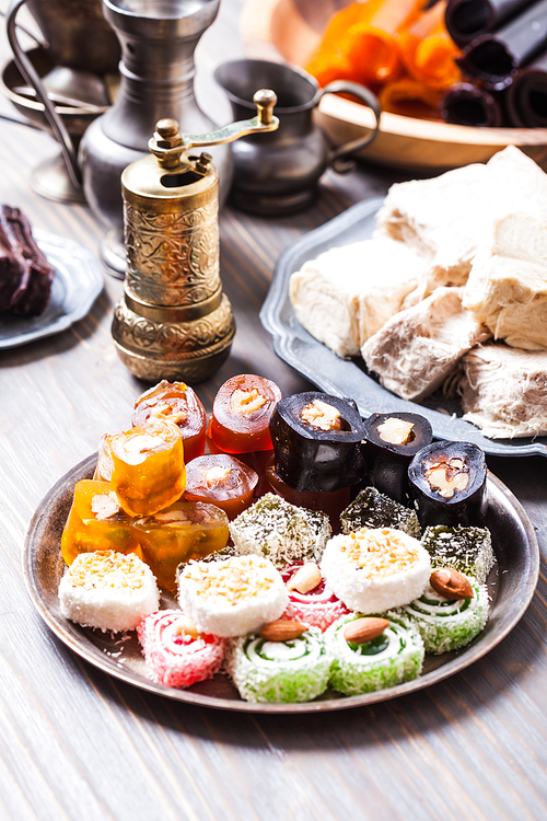 Turkish delight lokum with nuts on metal plate