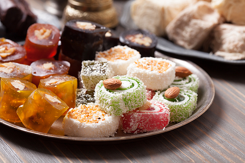 Turkish delight lokum with nuts on metal plate