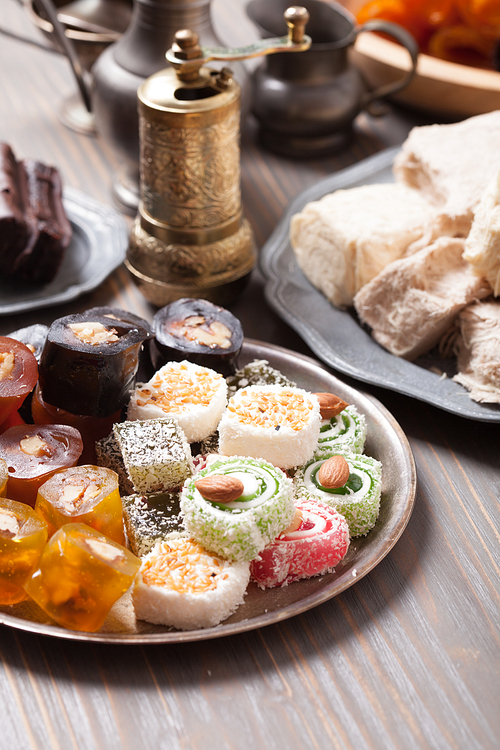 Turkish delight lokum with nuts on metal plate