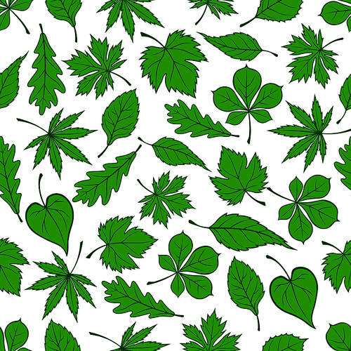 Green tree leaves seamless pattern with oak, maple and birch foliage elements