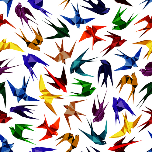 Colorful origami paper swallow birds seamless pattern on white background