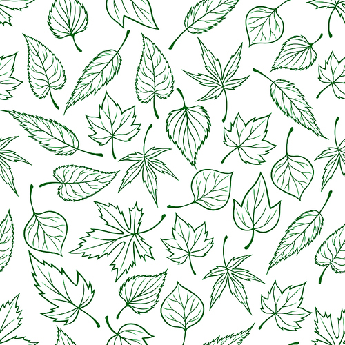 Foliage background with outline seamless pattern of green tree leaves. For nature and ecology theme or fabric  design