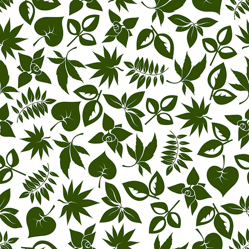 Green foliage seamless pattern of delicate leaves with stems of trees, bushes and herbs. For retro stylized wallpaper, nature background or scrapbook page themes design