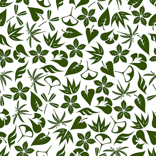 Retro seamless foliage pattern with pale green leaves of aloe vera, bamboo, clover, exotic palms, ginkgo biloba and christmas poinsettia over white background. Great for fabric, wallpaper, nature backdrop design