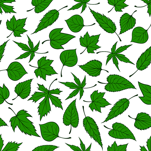 Decorative seamless spring nature pattern with ornament of sunny green young tree leaves randomly scattered over white background. May be used as retro wallpaper, backdrop fills, fabric design