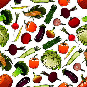 Healthy fresh vegetables background with cartoon seamless pattern of ripe tomatoes, eggplants and beans, sweet corns and bell peppers, pumpkins and beets, green broccolies, asparagus and cauliflowers, pungent onions, garlic and radishes