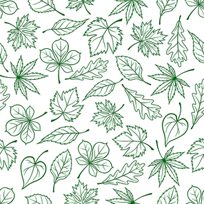 Seamless carved green leaves pattern for ecology theme or retro wallpaper design with sketched foliage of maple and oak, chestnut and basswood trees and grape vines randomly scattered on white background