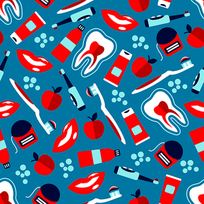 Oral hygiene seamless pattern for dentistry and healthcare design usage with healthy teeth and smiles, toothbrushes, toothpastes, dental floss and fresh apples on blue background with bubbles