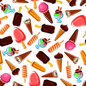 Chocolate and fruity ice cream pattern for cafe or kitchen interior design with seamless background of ice cream cones, popsicles and sundae ice cream desserts with jam, nuts and caramel syrup