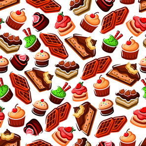 Confectionery and pastry, bakery seamless pattern. Cakes with cream and belgian waffles, cookies and biscuits with strawberry and cherry, Cafe and bakery themes.