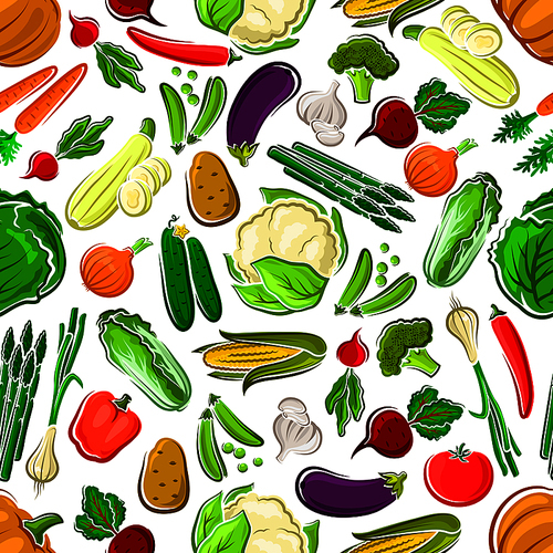 Healthy and raw farm vegetables seamless pattern. Potato and succulent carrot, tasty tomato and bitter radish, orange pumpkin and red bell pepper, pea pod and luscious cucumber, garlic and corn cob, cabbage and broccoli, asparagus, and daikon.