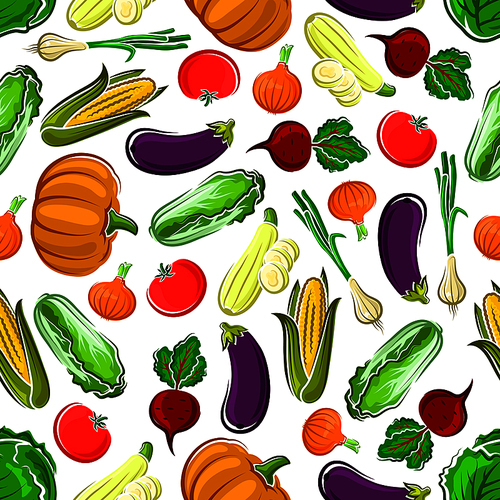 Seamless pattern background of ripe pumpkins, tomatoes and eggplants, sweet corn cobs, beetroots and cabbages, onions and zucchini vegetables. Use as kitchen interior or agriculture theme design