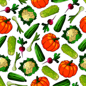 Seamless green onion, radish, zucchini, sweet pumpkin, cauliflower and chinese cabbage vegetables pattern. Agriculture harvest and organic farming themes design