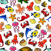 Cute sea and ocean cartoon animals and fishes. Seamless pattern background with underwater funny characters. Kids vector wallpaper decoration