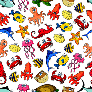 Cute sea and ocean cartoon animals and fishes. Seamless pattern background with underwater funny characters. Kids vector wallpaper decoration