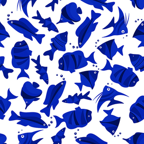 Fish seamless pattern background. Blue stylized fishes  with water bubbles. Underwater vector decoration wallpaper