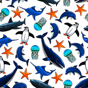 Ocean animals cartoon seamless background. Vector pattern of dolphin, penguin, shark, whale, starfish, swordfish, jellyfish. Wallpaper for children room, bathroom decoration