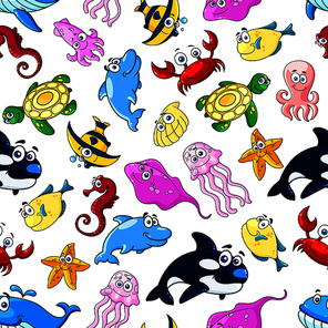 Cartoon cute smiling sea and ocean fishes seamless background. Funny kid wallpaper with colorful characters of whale, dolphin, clown fish, starfish, jellyfish, crab, octopus, squid, shell, flounder, turtle